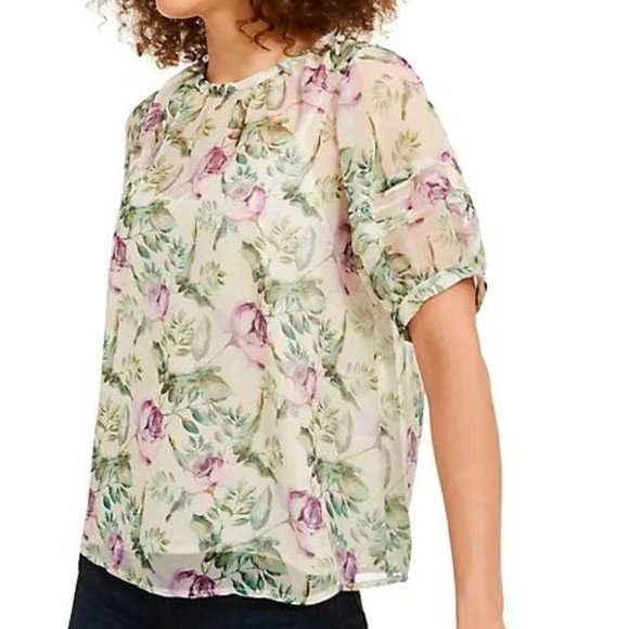 NWT  INC Floral Puff Sleeve Blouse, petite M - Picture 2 of 8
